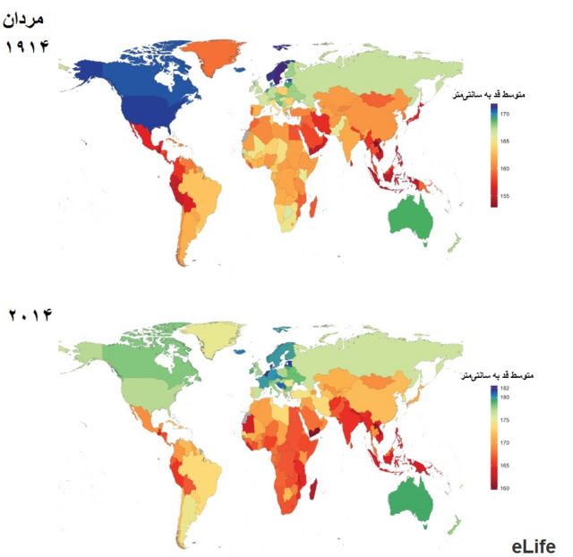 متوسط قد مردان در دنیا در ۱۹۱۴ و ۲۰۱۴